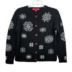Skye‎ Black Snowflake Fair Isle Knit Wool Cardigan Sweater Women's Size L